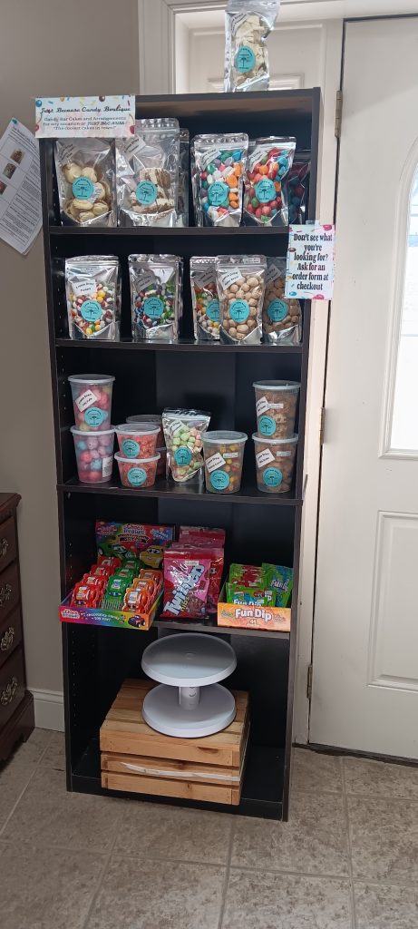 Dark colored Display shelf with an assortment of candies